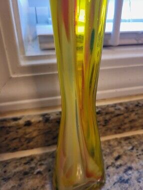 Handblown 7.5 Inch Yellow Iridescent Swirl Decorative Glass Vase